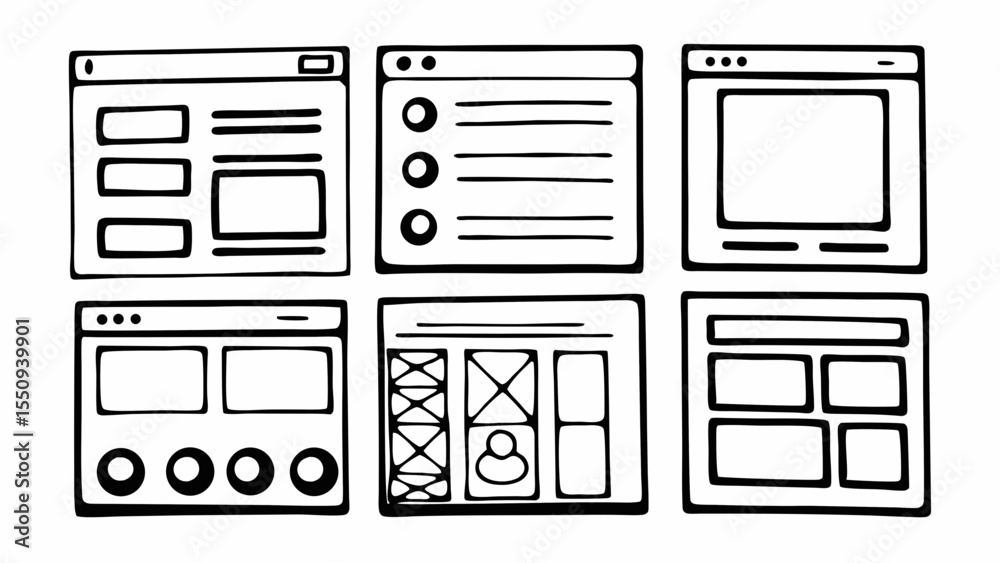 Poster six hand drawn website wireframes showing different layouts and interface elements in black and whit