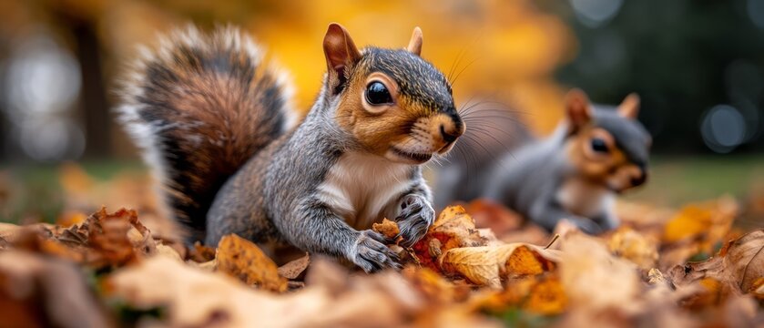 Playful Squirrels foraging among autumn leaves in a vibrant outdoor park setting - Powered by Adobe