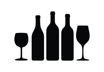 Three black wine bottles and two wine glasses in silhouette on white background