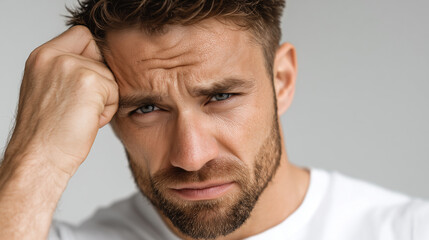 Fototapeta premium Portrait of a man showing a frustrated expression and gesture. Captures stress, tension, and emotional struggle in a powerful and relatable moment.