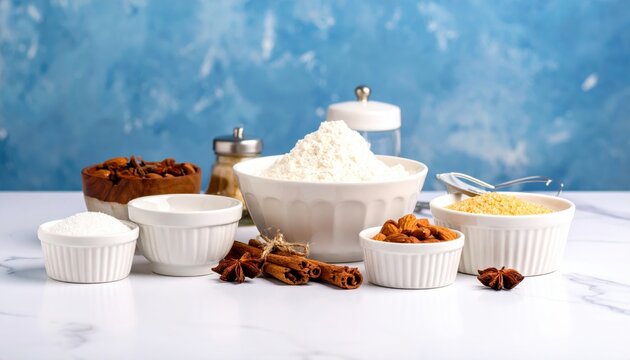 Various baking ingredients arranged on a marble surface with a blue background, showcasing preparation