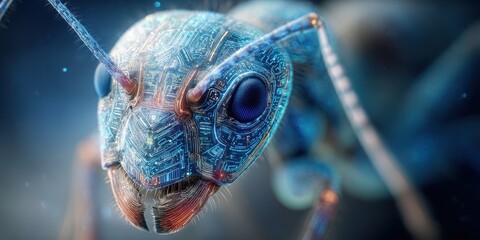 Close-up of an ant with intricate digital circuitry.