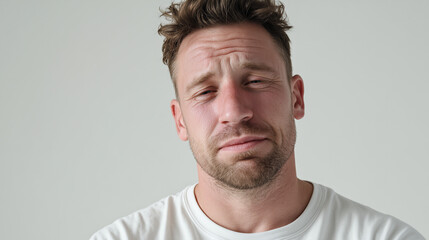 Fototapeta premium Portrait of a man crying with a sad expression. Depicts deep emotion, vulnerability, and human sadness in a powerful and emotional moment.
