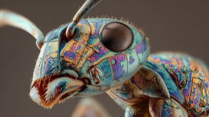 Close-up of an ant's intricate head.