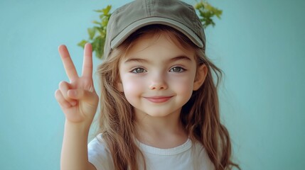 Cute child showing peace sign, matte pastel blue background, positive friendly gesture, stock photo concept