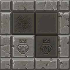 uploadGrayscale pixel art tileset featuring worn stone tiles, cracks, engraved crowns, and castle-like textures. Perfect for RPG dungeons, fantasy environments, or retro game maps.