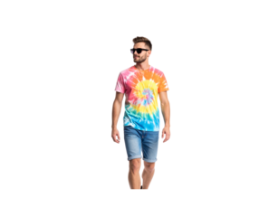 Stylish Man Walking TieDye TShirt Denim Shorts Sunglasses.