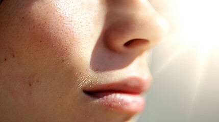 Fototapeta premium Close-up of healthy glowing human skin texture with smooth surface and natural tone, dermatology and skincare concept for beauty products or medical treatment.