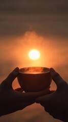 A person holding a cup of coffee with steam coming out of it