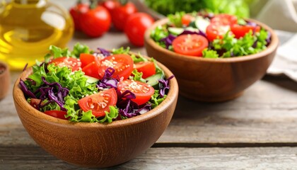 Freshly prepared salad bowls with vibrant tomatoes and greens on a rustic wooden table
