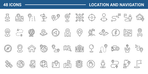 Navigation and location set of web icons in line style. Map location and navigation icons for web and mobile app. Map pin, GPS, compass, navigator, marker, map, pointer, traffic, travel, direction