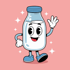 Cartoon milk bottle with blue cap smiling