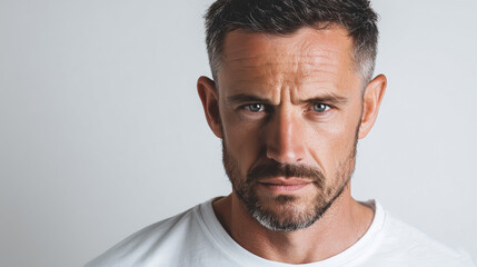 Portrait of a man with a focused expression. Captures concentration, determination, and mental clarity in a professional or thoughtful setting.
