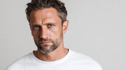 Fototapeta premium Portrait of a man with a focused expression. Captures concentration, determination, and mental clarity in a professional or thoughtful setting.