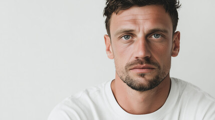 Obraz premium Portrait of a man with a focused expression. Captures concentration, determination, and mental clarity in a professional or thoughtful setting.