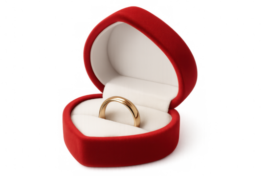 Wedding ring gleaming inside heart-shaped red velvet box, representing romantic commitment and marriage milestone on clear surface