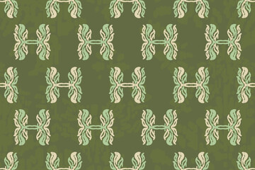 Ikat-inspired fabric pattern with a modern twist. This seamless design features abstract, symmetrical motifs in soft pastel shades of sage green and blush pink against a muted, olive-green background.