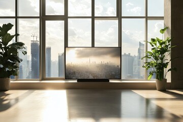 Fototapeta premium Modern room with large windows and a TV