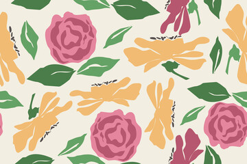 Hand drawn floral pattern, seamless patterns with flowers for fabric, textiles, clothing, printing, packaging, covers, banners, interior decor, abstract backgrounds.