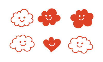 Modern vector illustration featuring playful doodles, fluffy clouds, and oval smiley faces, a heart-shaped smiley, and a simple flower, easily editable.