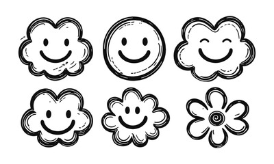 Modern vector illustration featuring playful doodles, fluffy clouds, and oval smiley faces, a heart-shaped smiley, and a simple flower, easily editable.