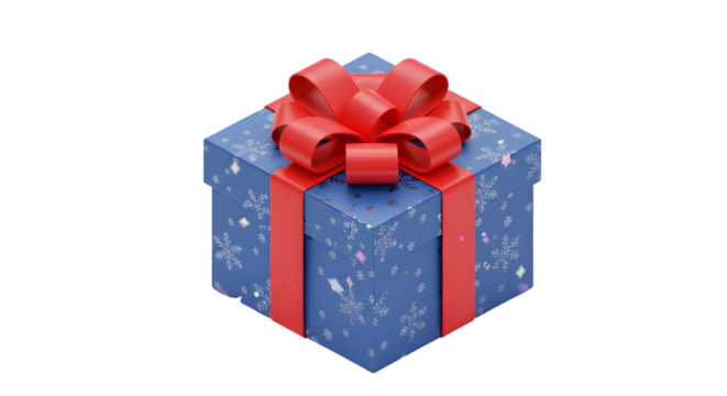 A blue gift box with snowflake pattern and red bow centered on a black background