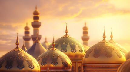 Warm golden radiance on ornate domes. Middle Eastern palace-inspired skyline with minarets at sunset. Perfect for cultural, travel, or fantasy storytelling.