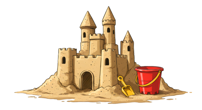 A sandcastle featuring towers turrets a bucket and a shovel