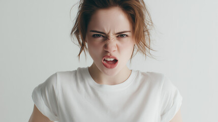 Fototapeta premium Portrait of a woman with an angry expression. Captures strong emotion, frustration, and intensity in a powerful facial reaction.