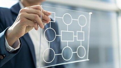 Close Up of Business Hand Holding Transparent Flowchart Graph Suitable for Digital Strategy Concepts