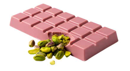 Vibrant pink chocolate bar with fresh pistachios, perfect for confectionery advertising, gourmet dessert recipes, Valentine's Day treats, Mother's Day gifts, and premium snack promotions,
