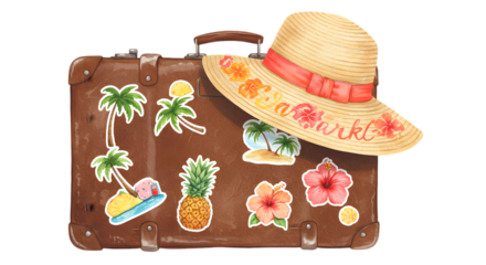Brown suitcase stickercovered topped with a straw hat decorated with flowers