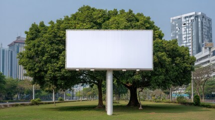 Fototapeta premium Blank billboard in city park with green tree background, clean mockup space for outdoor advertising