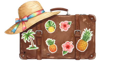Brown suitcase with beach hat and tropical stickers against black backdrop