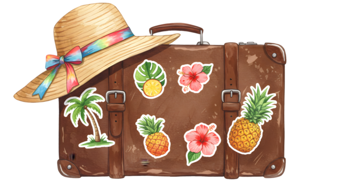 Brown suitcase with beach hat and tropical stickers against black backdrop