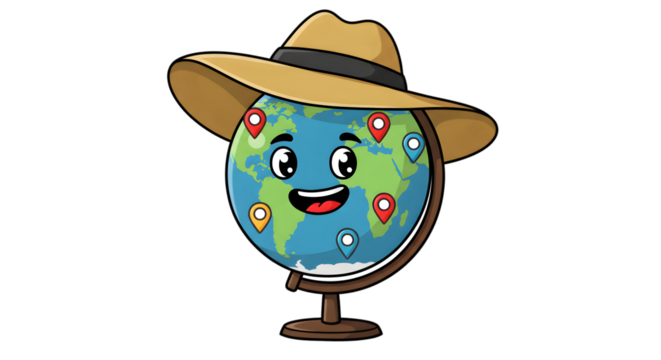Earth globe cartoon with eyes and smiling mouth wearing a fedora hat and surrounded by location pin symbols