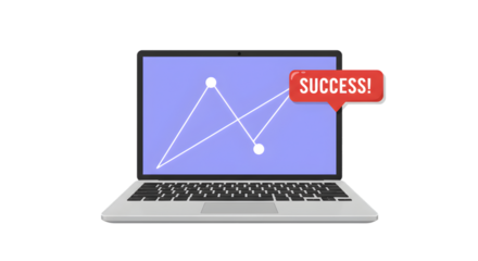 Laptop displays a line graph and a red SUCCESS speech bubble