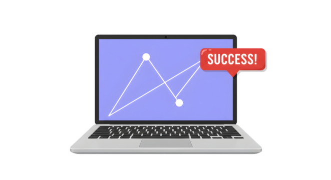 Laptop displays a line graph and a red SUCCESS speech bubble