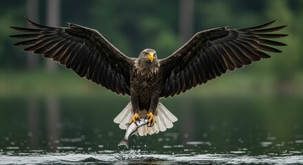 Eagle landing with fish
