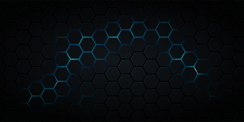Dark blue technology hexagonal vector background. Abstract blue bright energy flashes under hexagon in navy blue technology, modern, futuristic vector illustration.