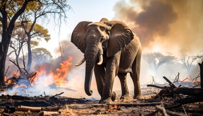 Elephant in Wildfire  African Savannah.