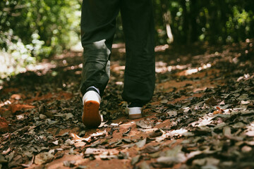 Hiking action on mountain grass trail path. Close up of female hiker shoe. adventurous lifestyle of hiker and backpack to travel and trek mountain, enjoy every walk and hike part of thrilling journey
