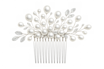 Silver hair accessory featuring lustrous pearls and intricate leaf design, elegantly enhancing bridal or formal hairstyles against clean background