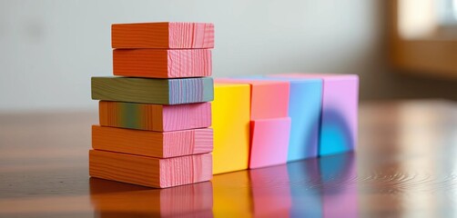 Rainbow-hued wooden blocks stacked on polished surface,   kids play,   sensory toys