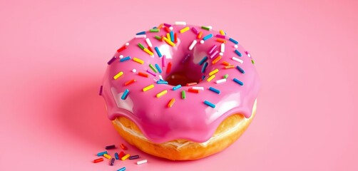 Pink glazed donut, rainbow sprinkles, whimsical label,  charming,  happy
