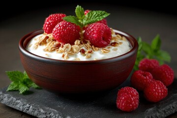 A bowl of yogurt topped with raspberries and granola adorned with mint sprigs sits on a slate surface