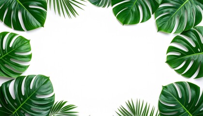 Tropical Green Monstera and Palm Leaves Frame on White Background