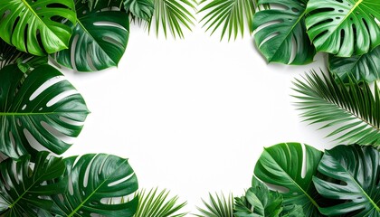 Tropical Green Monstera and Palm Leaves Frame on White Background