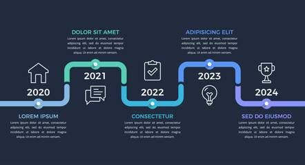 Infographic template showing a five-year business timeline, dark background, vector eps10 illustration