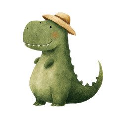 Charming Watercolor Illustration of a Friendly Dinosaur Wearing a Hat in a Fun and Whimsical Style
